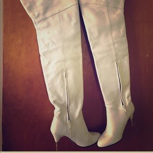 White leather thigh high boots